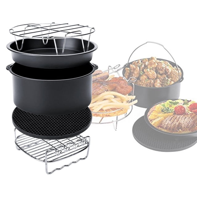 5 piezas de accesorios para freidora de aire, piezas de repuesto DYNWAVEMX adecuado para freidoras 3.7–5.8 qt: canasta para pasteles redonda (6/7 pulgadas), bandeja para pizza antiadherente (6/7 pulgadas), rejilla de cocina de acero inoxidable, parrilla elevadora y tapete de silicona aislante de 18 cm. Vista frontal apilada con superficies metálicas y tapete texturizado sobre fondo claro; apto para hornear pizzas pequeñas, pasteles y cocinar verduras.