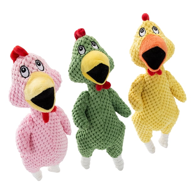 FELTECHELECTR 3 juguetes divertidos para perros con forma de pollo chillón, con sonido de pollito verde, para masticar y morder (rosa, verde y amarillo).
