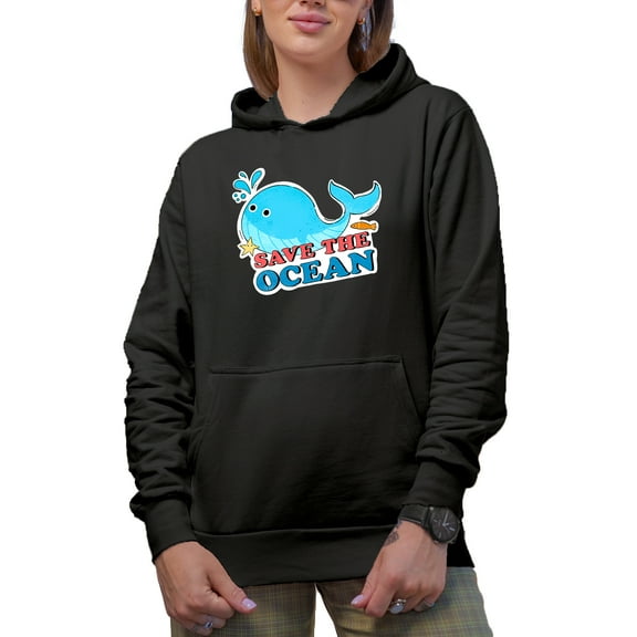 Save the Ocean & Cute Whale Art, Earth Day & Environmentalist Merch Gift, Black Hooded Sweatshirt or Hoodie, Small