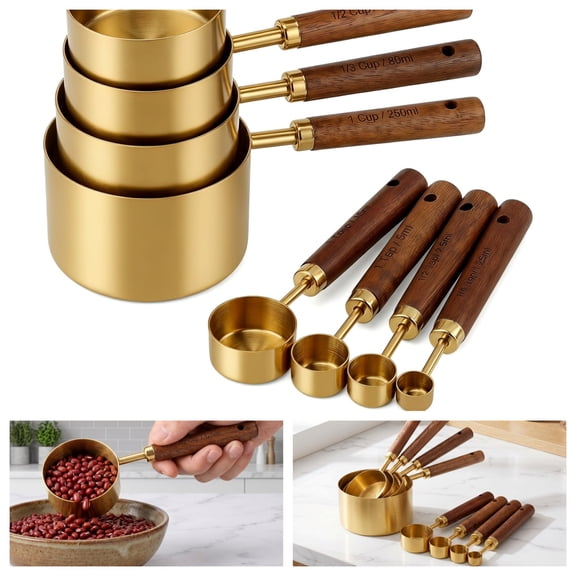 Stainless Steel Measuring Cups and Spoons Set with Wood Handle - 8 Piece Kitchen Tool with US and Metric Markings, Golden