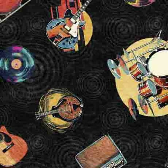 Rock n Roll Fantasy Musical Instruments Black Cotton Fabric (Yard)