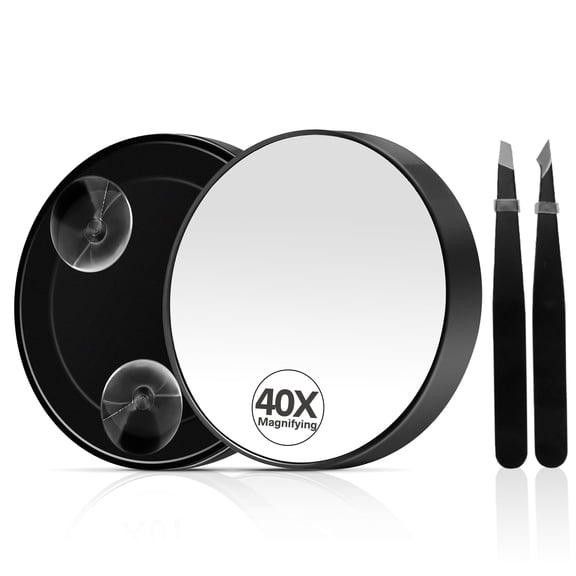 Kaleduo 40X Magnifying Makeup Mirror with Suction Cups & Tweezers, 3.5 Inch Black Magnified Mirror for Precision Skincare & Tweezing