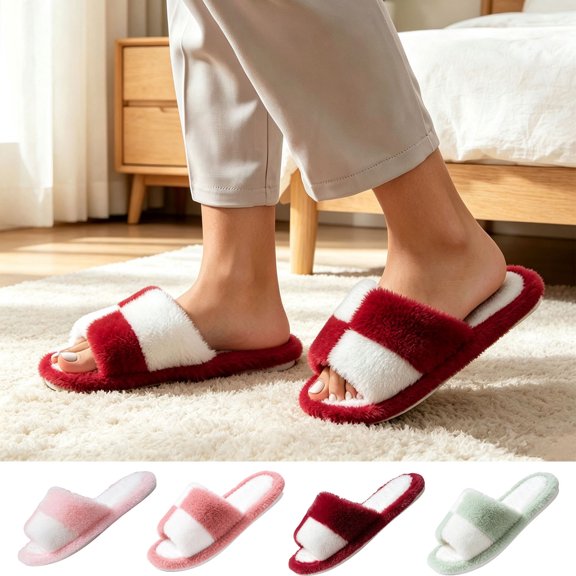 Agkizg Womens Fuzzy Slippers, House Slippers, Colorblock Open Toe Fuzzy House Slippers Soft Plushes Comfortable Casual Indoor Bedroom Daily Slippers