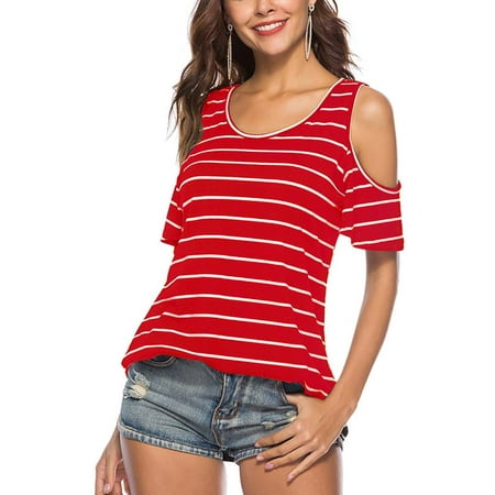 Cotton Stripe Ruffle Shirt - ZEFINE Women's Round Neck Off Shoulder Ruffle Stripe Short Sleeve T-Shirt Top