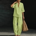 thumbnail image 4 of VISALY Linen Sets for Women Dressy Half Sleeve Deep V Neck Peasant Halter Tunic Tops Flowy Linen Loose Wide Leg Long Palazzo Pants Sets Cotton Linen Lounge Matching Summer Casual Set Green Xl, 4 of 7