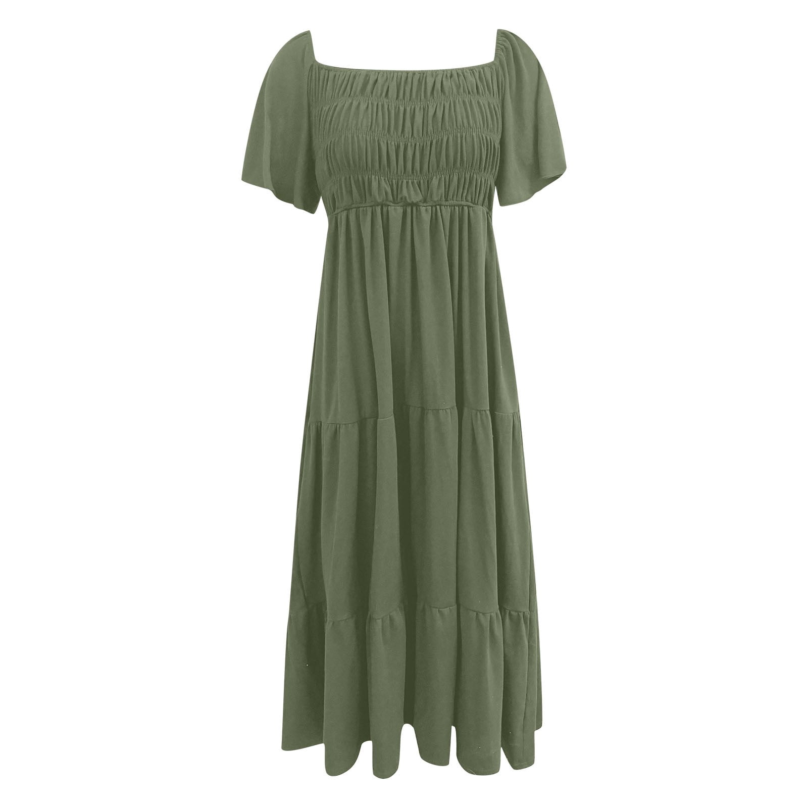 Women Summer Casual Flutter Short Sleeve V Neck Smocked Elastic Waist  Tiered A Line Maxi Dress Mini Dress Casual Dress Summer Short Casual Dress  Women Dress for Summer Button Dresses Casual Dresses -