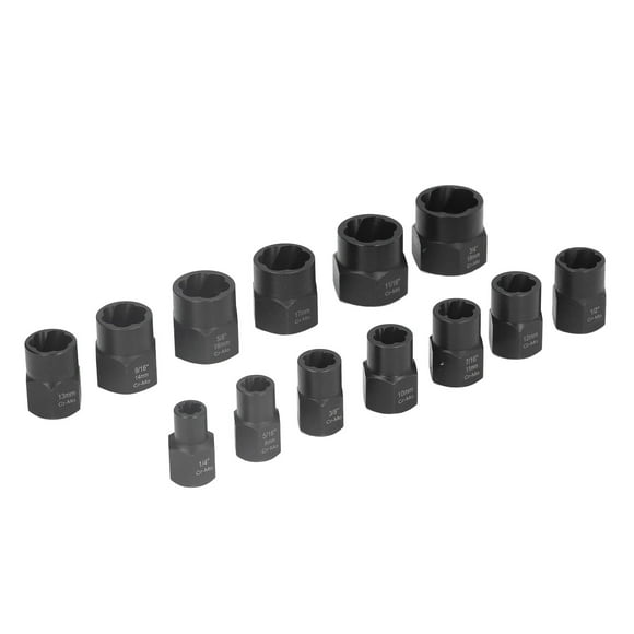 Impact Nut Extraction Tool Set, 13Pcs Molybdenum Steel Maximum Grip Stripped Nut Extractor Socket with Case for 3/8in Drive for Stripped Lug