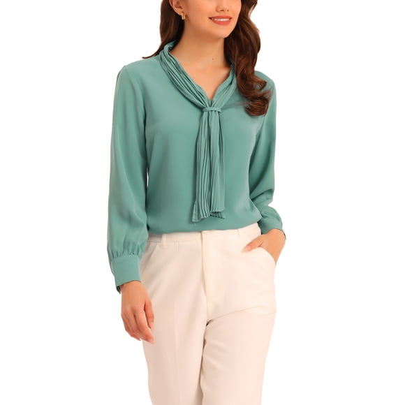 INSPIRE CHIC Women's Long Sleeve Blouses Chiffon Pleated Tie Neck Office Top Shirt XS Mint Blue