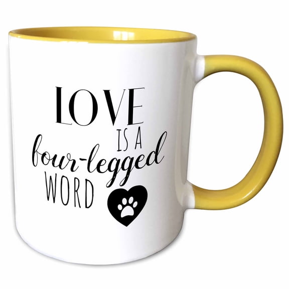 3drose, Love Is a Four Legged Word and Paw with Heart. Black Letters on White., 11oz Two-tone Yellow Mug