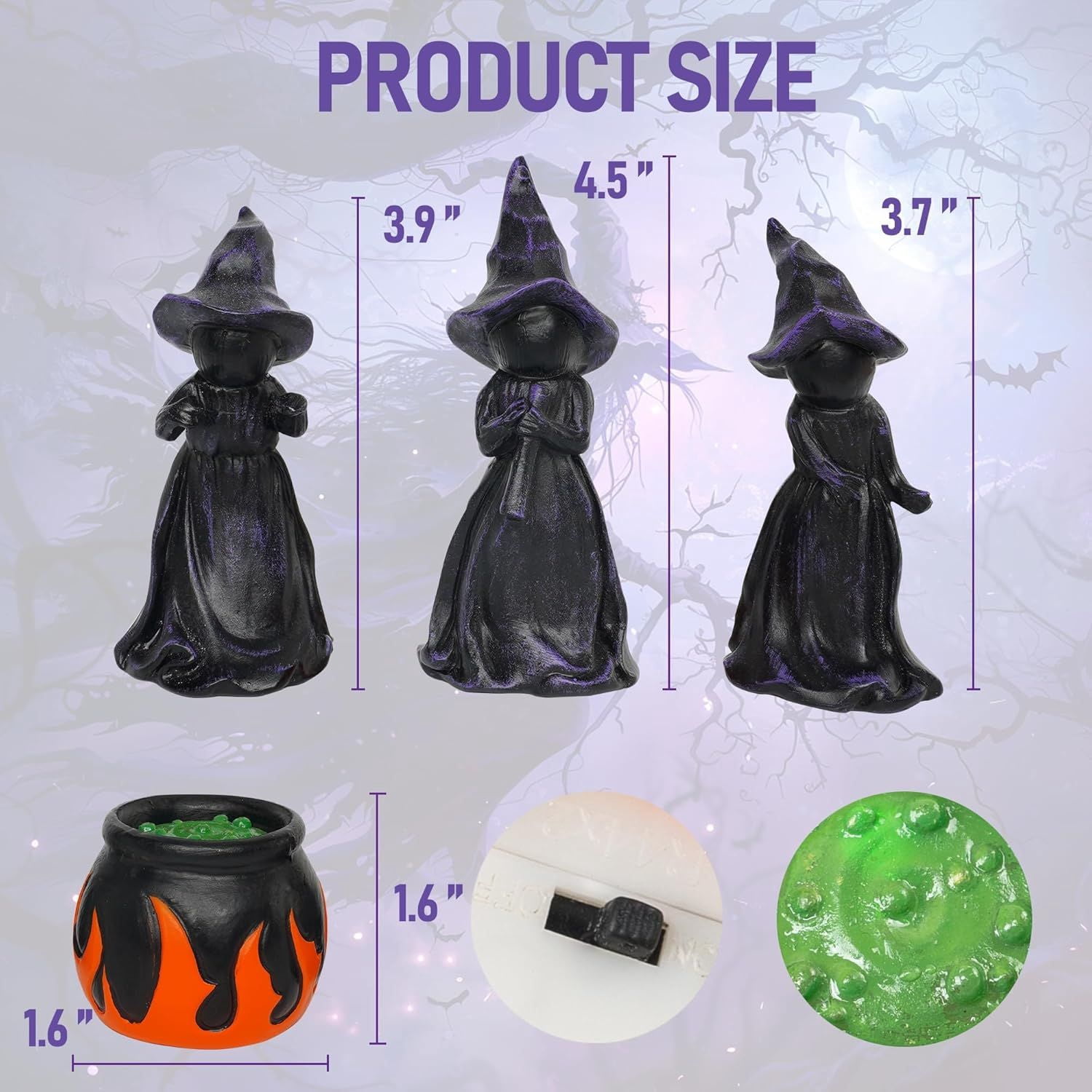 4 Pack Light Up Witch Cauldron Figurines with Green Glow for Halloween Decor