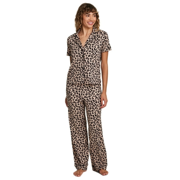 Sleep & Co. Women's & Women's Plus Short Sleeve Fesitve Notch Collar Button Down with Pant Pajama Sleep Lounge Set, 2-Piece, Sizes S-2XL