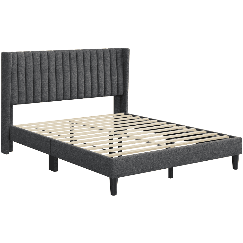 Renwick Queen Upholstered Platform Bed Frame with Channel Tufted Headboard, Dark Gray