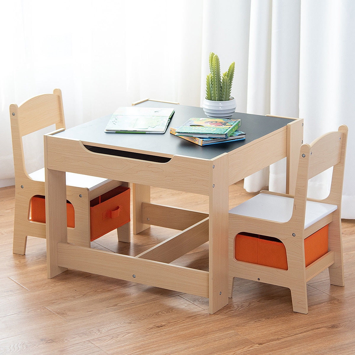 Gymax Children Kids Table Chairs Set W/ Storage Boxes Blackboard Whiteboard Drawing