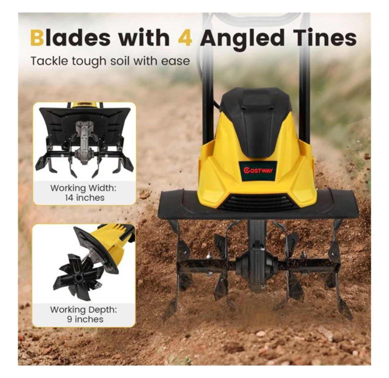10 Amp Electric Tiller - 380 RPM Garden Cultivator, 14” Width, Foldable Handle