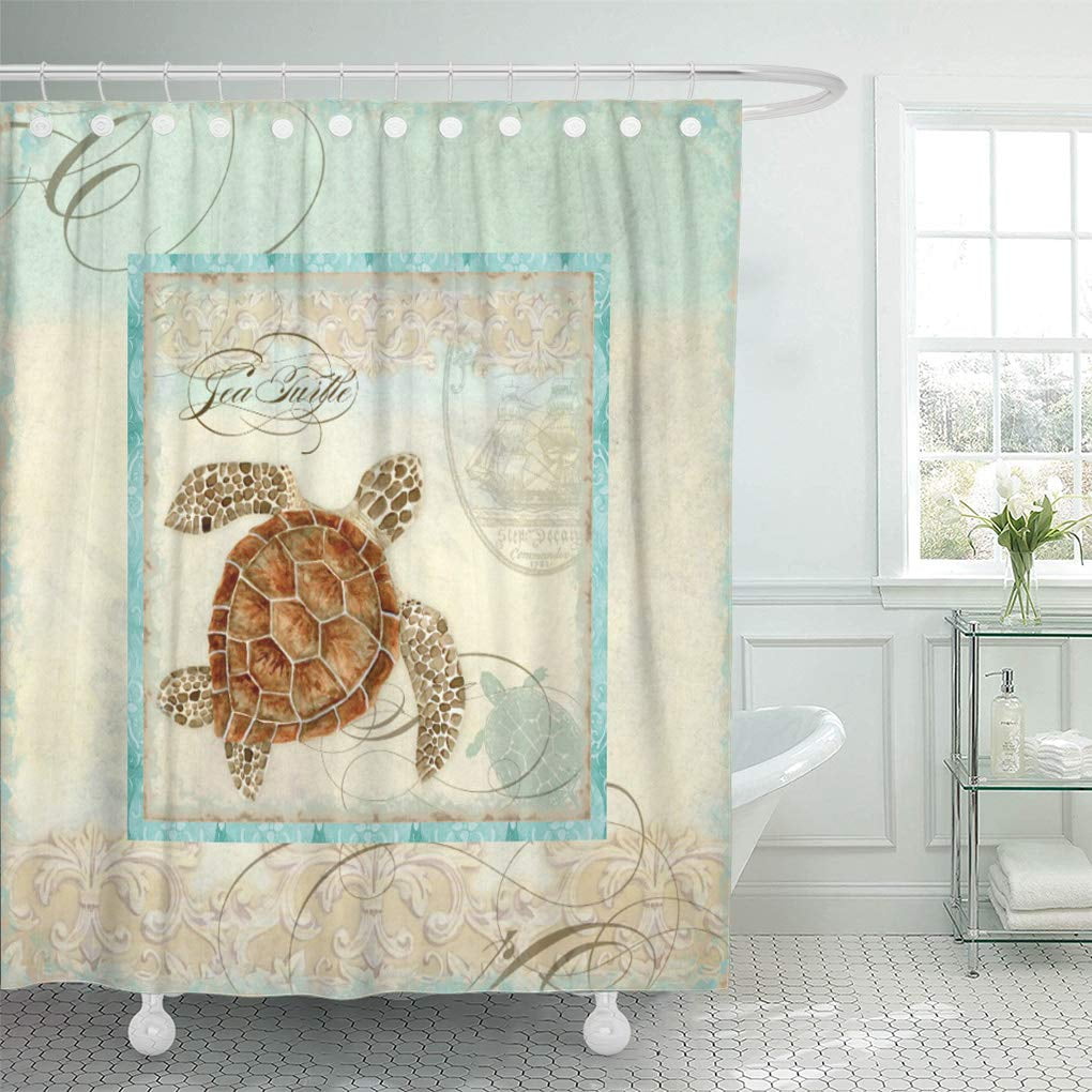 Anchor Starfish Sea Turtle Bathroom Mat 72/79" Polyester Fabric Shower Curtain 