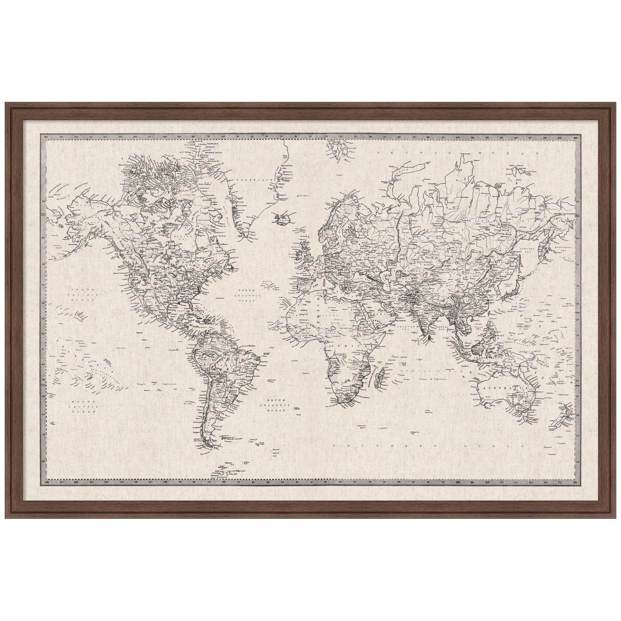 Kate and Laurel Framed Fabric Pinboard 38 x 26, Vintage Black and White Linen World Map Printed Linen Classic Bulletin Board for Use as Wall Organization, Florence Medium Brown Frame