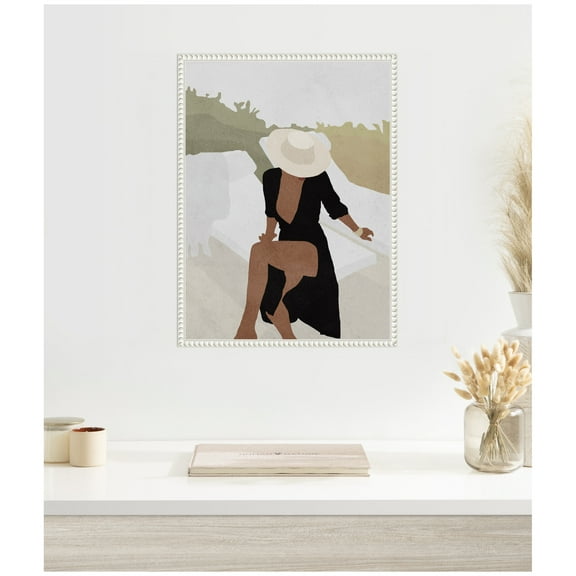 Kate and Laurel Elegant Womanin Hat Framed Canvas Wall Art by July Art Prints 18 x 24 Sylvie Beaded White, Modern, People, Beach, Abstract Art for Wall Decor, Living Room, Bedroom