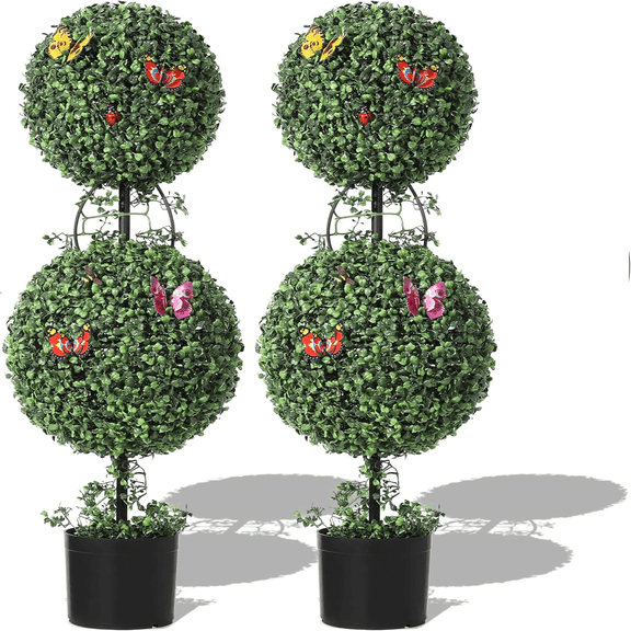 Lifelike 3Ft  Arfiticial Double Ball Topiary Trees with Vines & Insects Decoration Outdoor Faux Topiary Tree for Home Offices Decor Set of 2
