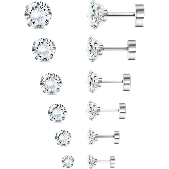 6Pairs G23 Titanium Flat Back Stud Earrings for Women Men Titanium Round CZ AB Cartilage Earring Studs for Sensitive Ears Hypoallergenic Screw Back Ear Piercing Set 20G 2-8MM
