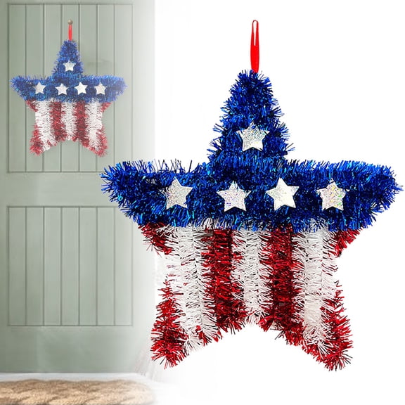 Red White Blue Patriotic Tinsel Wreath, 4th of July Festive Shaped Hanging Ornament, American Flag Inspired Decor for Front Door, Wall, Window, Independence Day and Patriotic Celebration