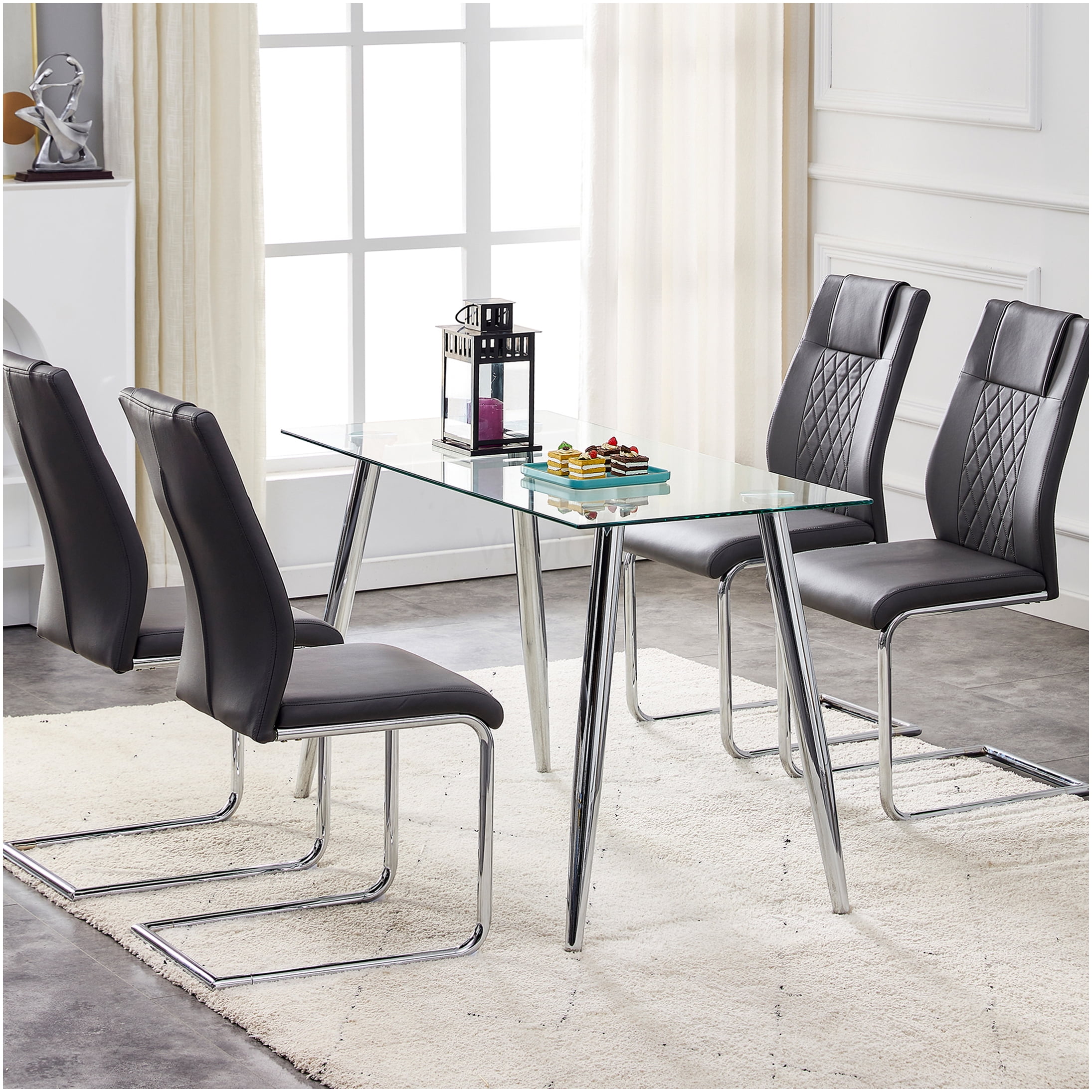 Modern PU Leather Dining Chairs Set of 8, Grey Upholstered Side Chairs with Padded Seat and Sturdy Metal Legs for Kitchen Dining Room