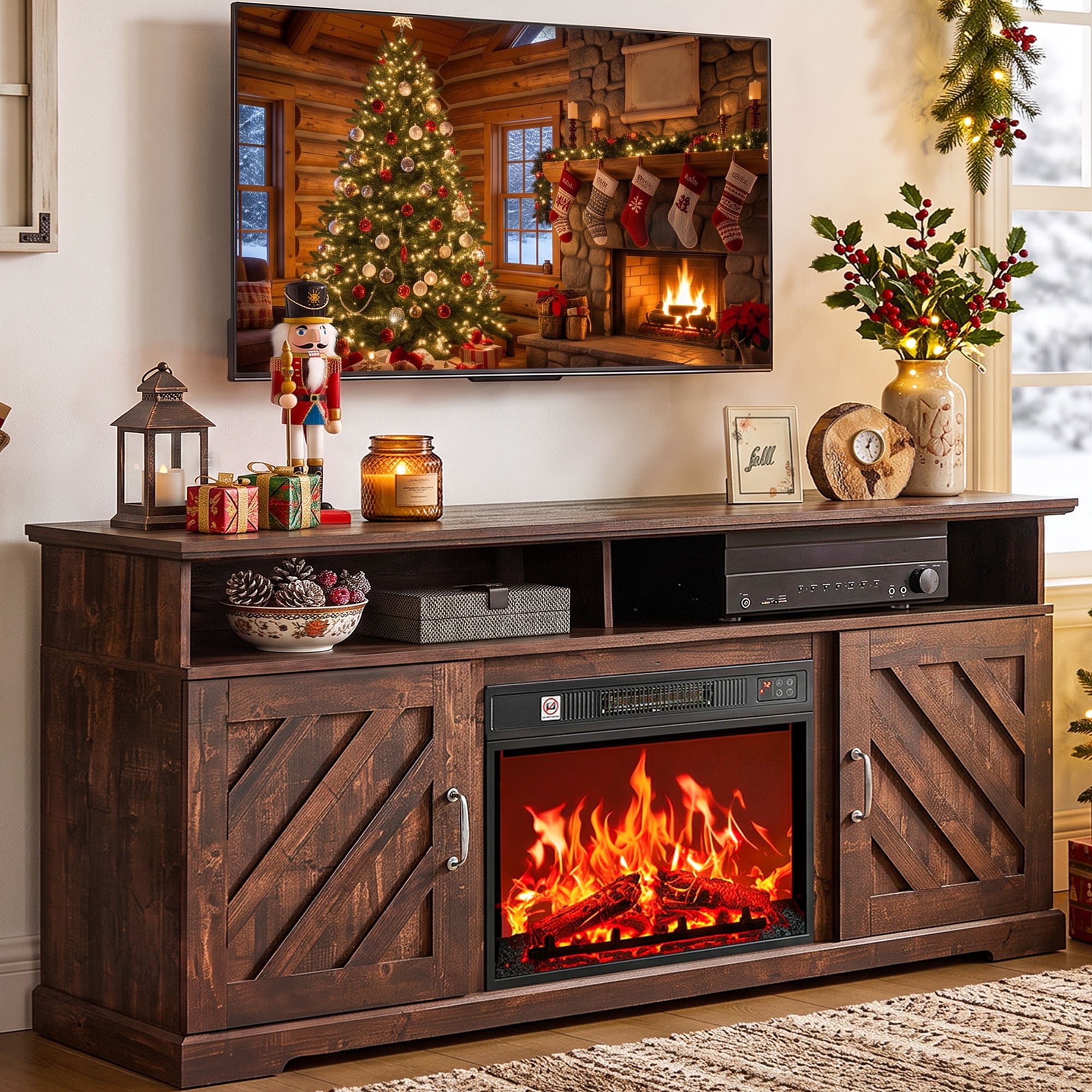 CHITOOMA Electric Fireplace TV Stand for 65 70 75 inch TV with Remote Control, Farmhouse Entertainment Center with 23″ Fireplace for Living Room, Bedroom,Vintage Brown