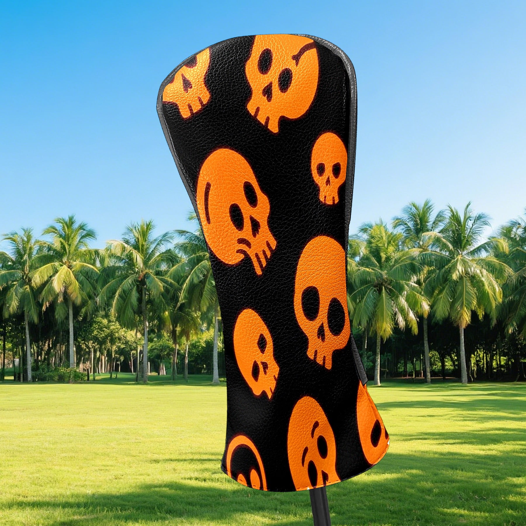 Golf Club Covers, Orange Skeleton Premium PU Leather Driver Hybrid Putter Head Covers with Velvet Lining, Waterproof Golf Gifts for Men Women