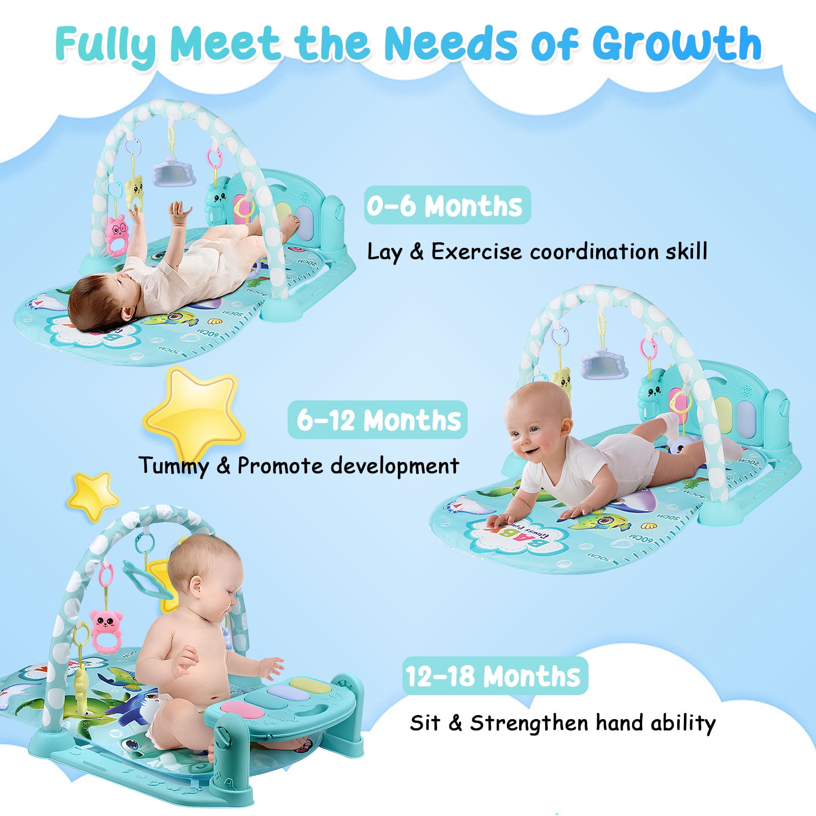 Baby Gym Play Mat 3 in 1 Fitness Music and Lights Fun Piano Activity Mat Infant Newborn Toys(Blue)