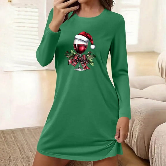 Blmnix Women's Nightgowns Moomoo Long Sleeve Christmas Sleepshirts Comfy Green Crew Neck Sleep Dress