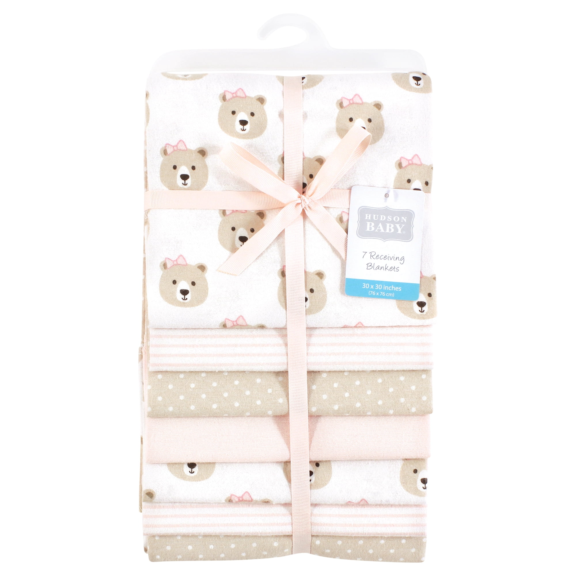 Hudson Baby Infant Girl Cotton Poly Flannel Receiving Blankets Bundle, Pink Taupe Bear, One Size
