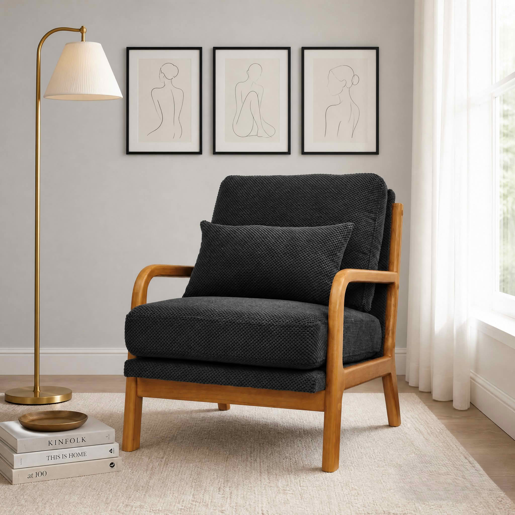 MAYEERTY 26 In Nubby Fabric Lounge Chair, Solid Wood Armrests, Lumbar Pillow, Dark Gray, 300 lb