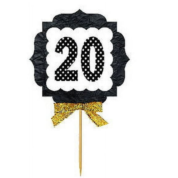 20th Birthday / Anniversary Gold Ribbon Hand Crafted Novelty Cupcake Decoration Toppers / Picks -12ct