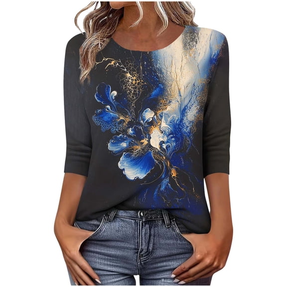 Craaazy Women's Boho Print Loose Casual Round Neck 3/4 Sleeve T-Shirt Gifts