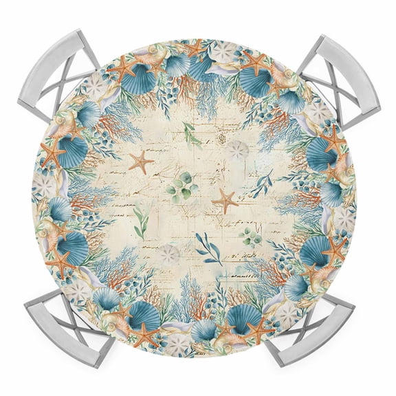Elastic Fitted Round Tablecloth, Coastal Nautical Waterproof Stretch Table Cover for 36"-44" Tables, Summer Vintage Ocean Starfish Plant Washable Outdoor Tablecloths for Patio, Picnic, Camping