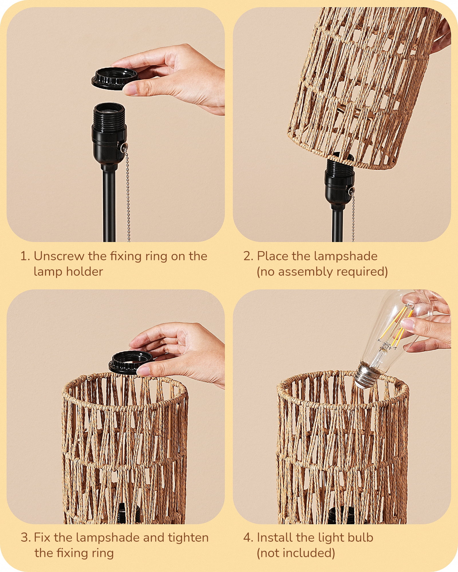 EDISHINE Table Lamp with Rattan Lampshade, Pull-Chain Switch, Metal Base Boho Bedside Nightstand Lamp for Bedroom, Living Room, Office