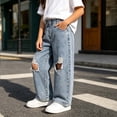 thumbnail image 5 of WQNVRNR Girls Wide Leg Jeans Casual Elastic Waist Fall Winter Distressed Ripped Kids Denim Blue 4 Years, 5 of 9