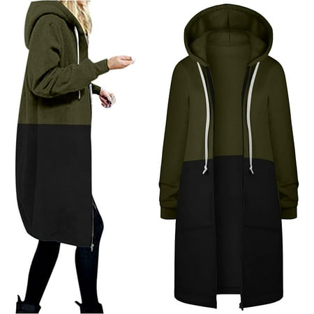 

Womens Hoodies Coat with Pockets Fall Winter Warm Drawstring Zipper Open Thin Hooded Jackets Long Cardigans Tops Outwear