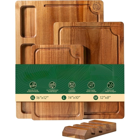Acacia Wood Cutting Boards for Kitchen, Premium Wood Cutting Board Set with Holder, Chopping Board with Grooves and Built-in Handles, Wooden Charcuterie Board Trays for Meat, Fruit, Cheese