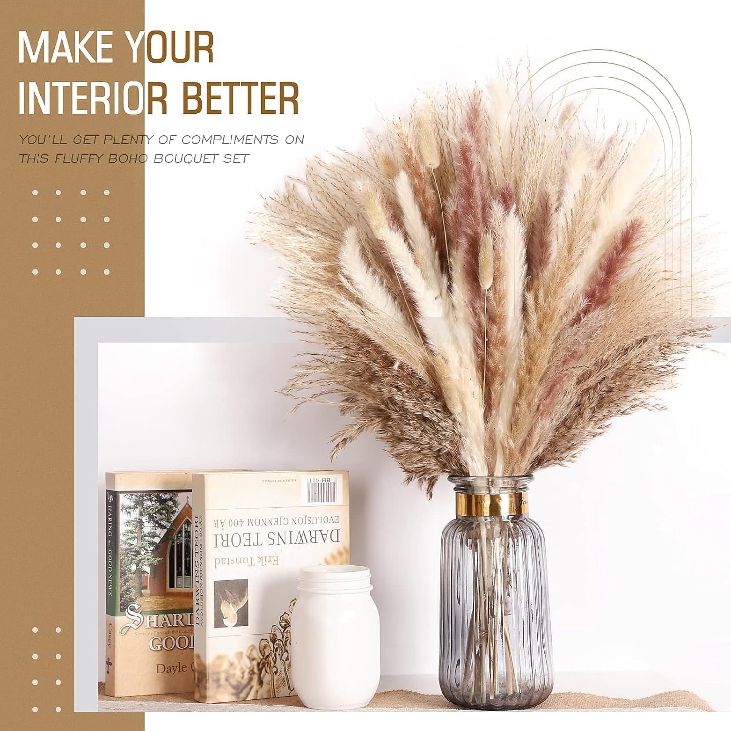 300 Pcs Dried Pampas Grass Decor, Dried Flower Bouquets for Wedding, Home, Centerpiece Table