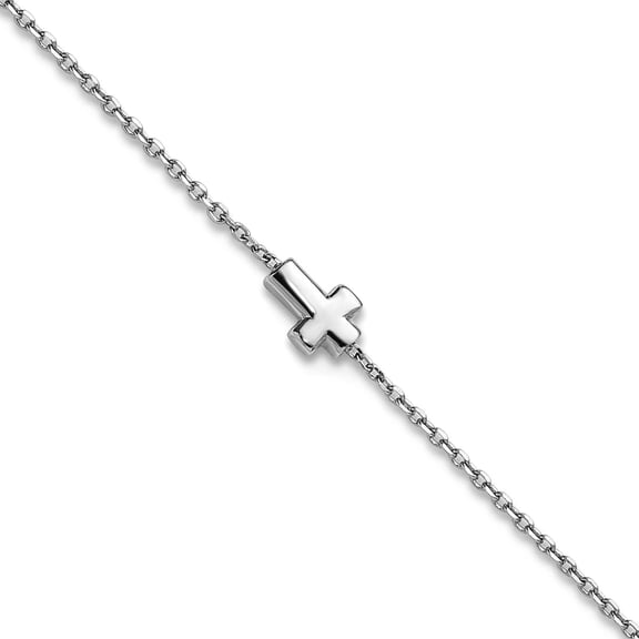 1.1mm 925 Sterling Silver Rhodium Plated Religious Faith Cross Plus 1in Extension Anklet 9 Inch Anklet for Women