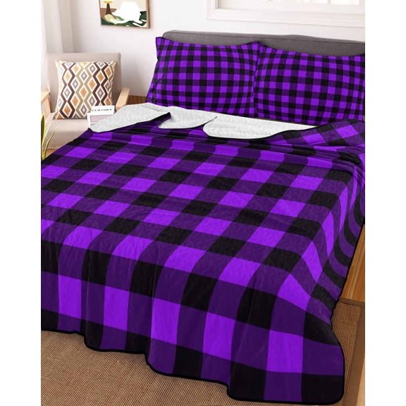 Black Purple Plaid King Size Down Alternative Comforter, Lightweight Comforter Quilt Bedding Set with Pillow Shams Farmhouse Simple Buffalo Checked All Seasons Bed Comforter Duvet Insert 96"x106"