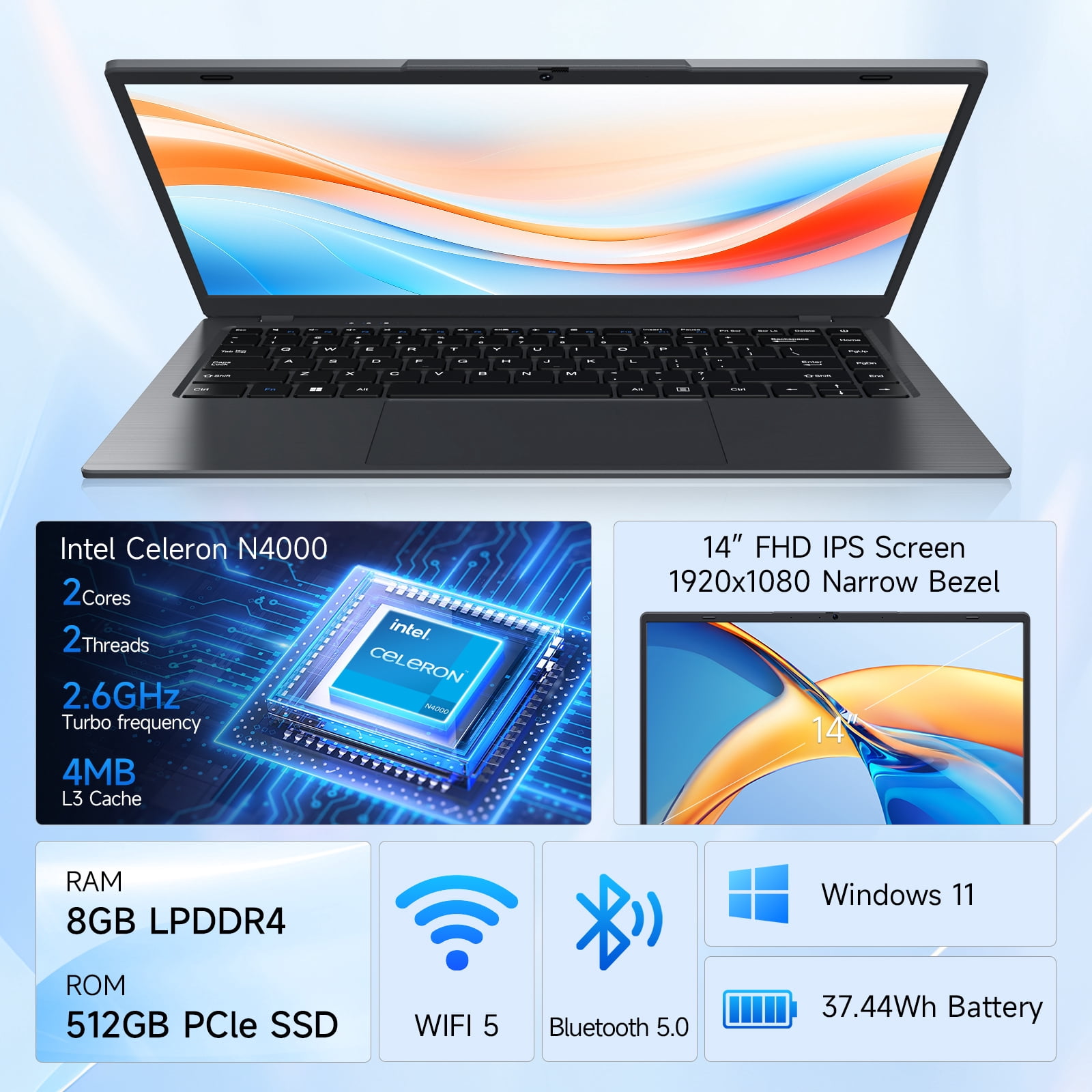 HYYUO Laptop Compter, 14inch FHD Display, 8GB RAM 256GB ROM Intel 6500Y with 2 Cores Office 2024 Windows 11 WiFi 5 BT5.0 for Business, Beginners, Student, Dark Gray