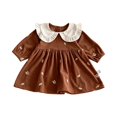 thumbnail image 3 of Toddler Warm Corduroy Fall Outfit Contrast Big Ruffle Collar Tiny Floral Embroidery Gathered Waist Casual Dress for Birthday Parties Indoor Tea Parties Brown 100, 3 of 7