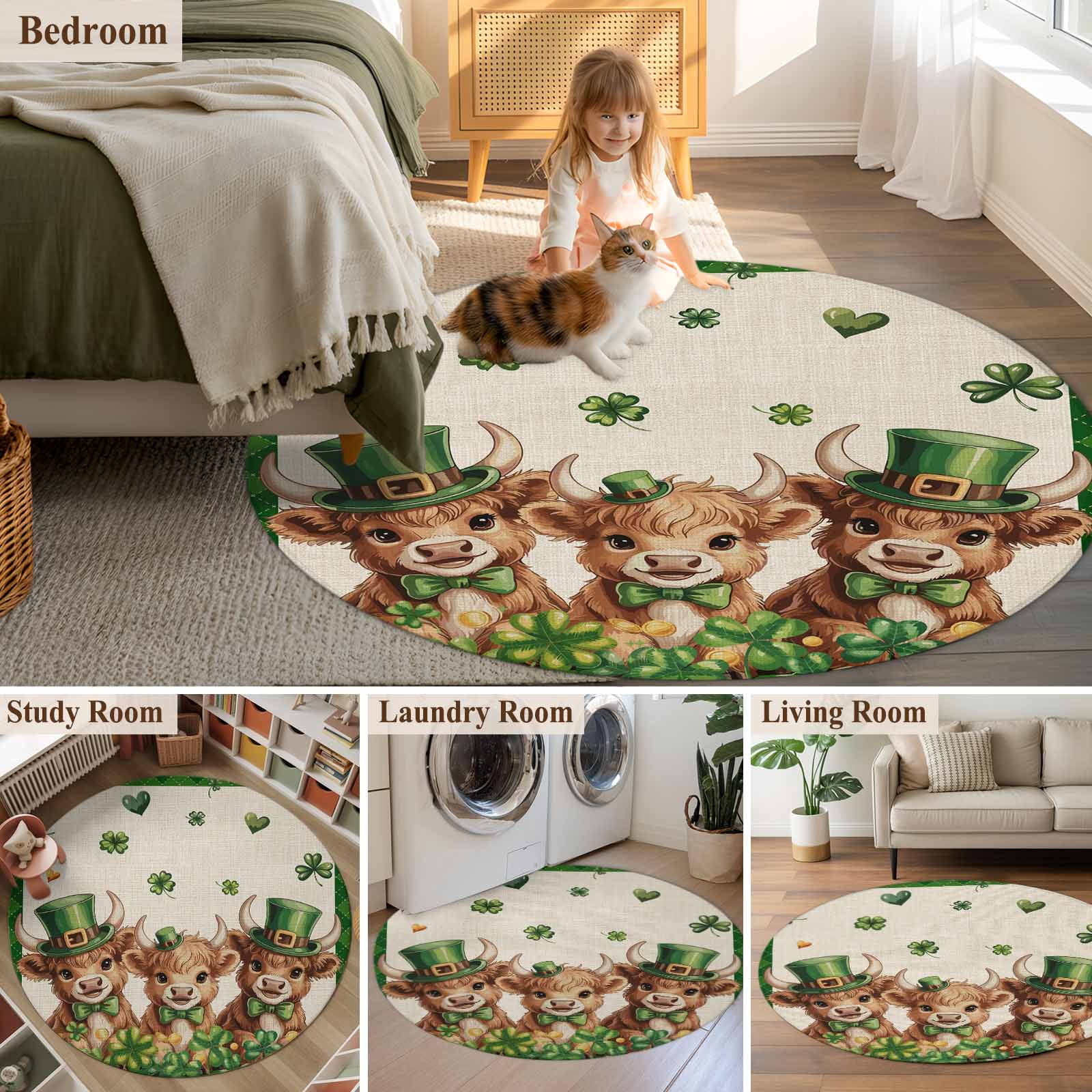 Round Rug 3.3Ft Washable Non-Slip, St. Patrick's Day Circle Area Rugs for Living Room Bedroom, Green Shamrock Highland Cow Glod Coin Beige Indoor Floor Mats Carpet Runner for Home Decor Aesthetic