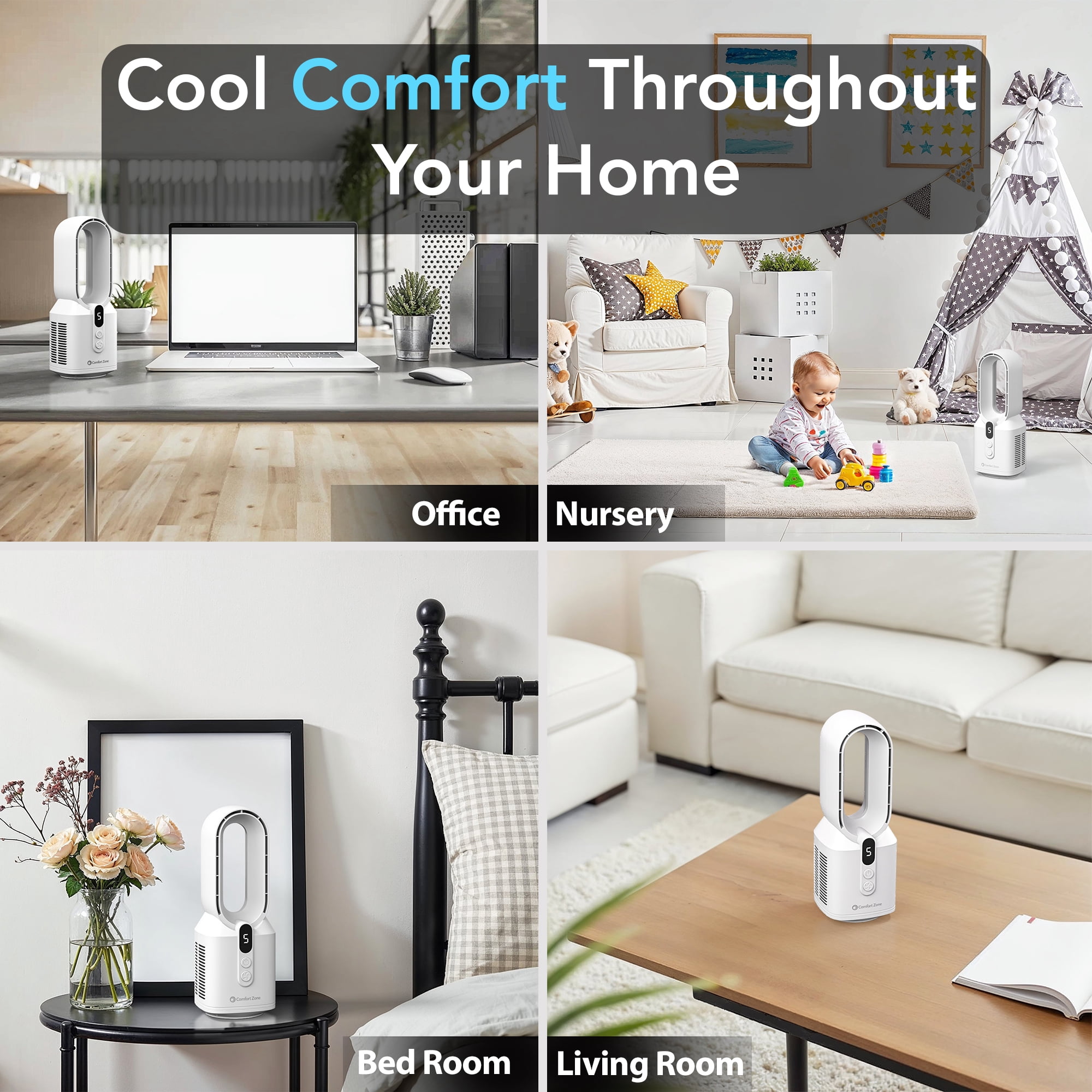 Comfort Zone 14" Rechargeable Bladeless Tabletop Fan, White