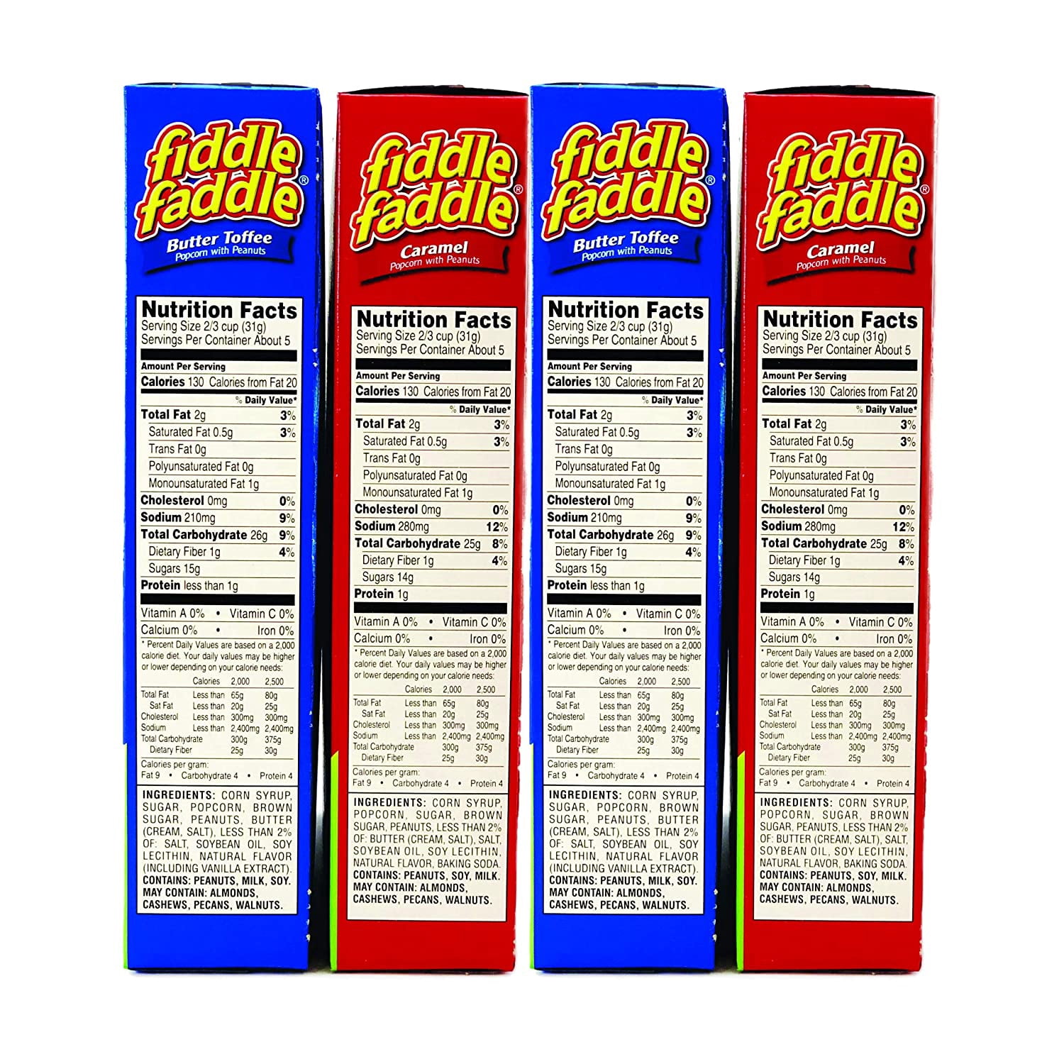 Fiddle Faddle Carmel Popcorn wtih Peanuts & Butter Toffee Popcorn with Peanuts, 2 Flavors Bundle, 3.5 oz. (Pack of 4, each Flavors 2 packs)
