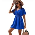 thumbnail image 1 of Vestido Informal de Verano para Mujer, Liso, con Escote en V, Volantes, Corta, Holgado, Azul, Talla M, 1 of 8