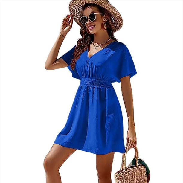 Vestido Informal de Verano para Mujer, Liso, con Escote en V, Volantes, Corta, Holgado, Azul, Talla M