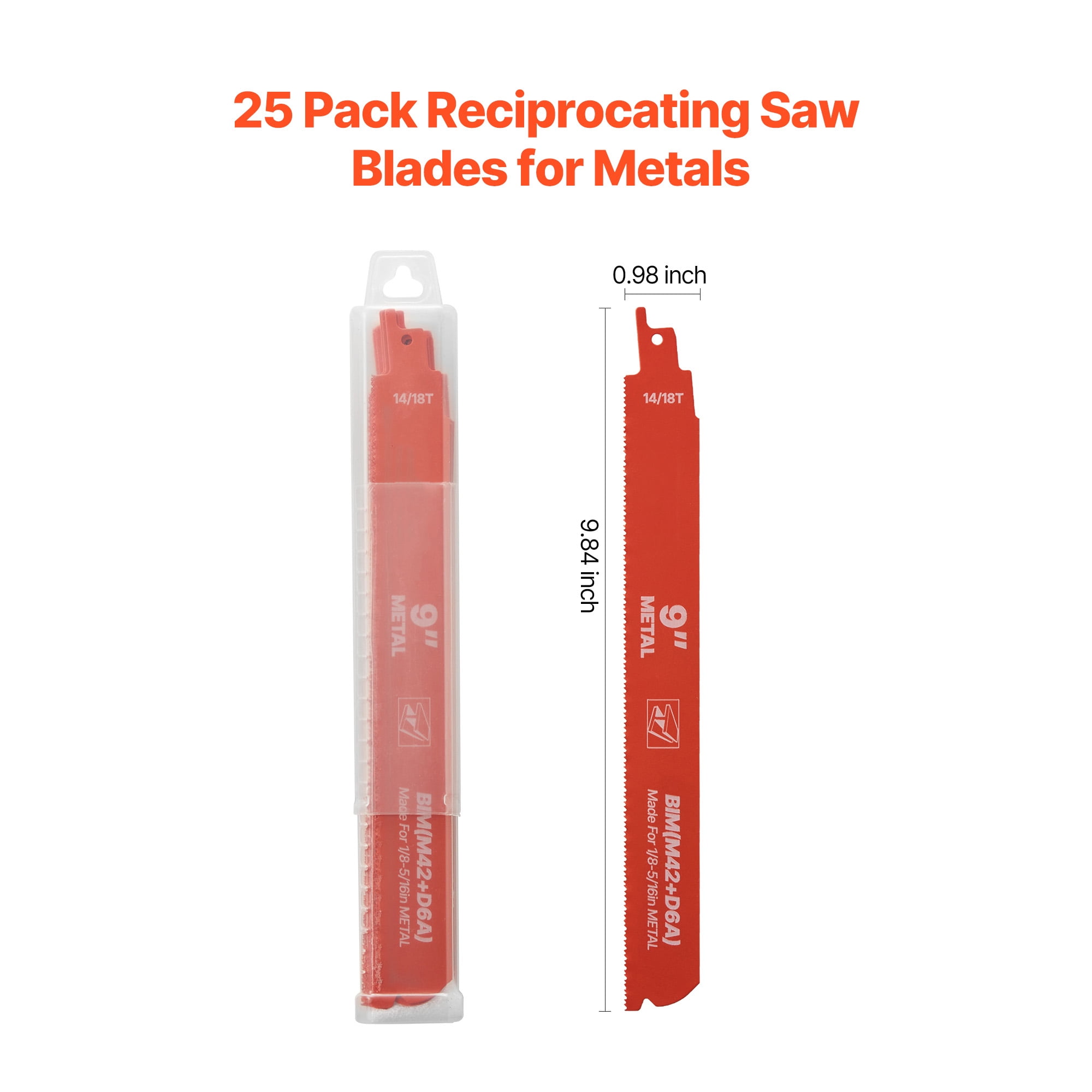 KFFKFF 25-Piece Bi-Metal Reciprocating Saw Blade Set, 14/18 TPI, Universal Shank, Designed for Smooth and Efficient Cuts in Medium Metals (1/8-5/16 inch), Orange