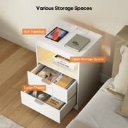 White Nightstand with LED Lights,Wireless Charging Station,2 Drawers, Modern Wooden Sofa Bedside Table,End Side Table with Pull-Out Shelf,Living Room Bedroom